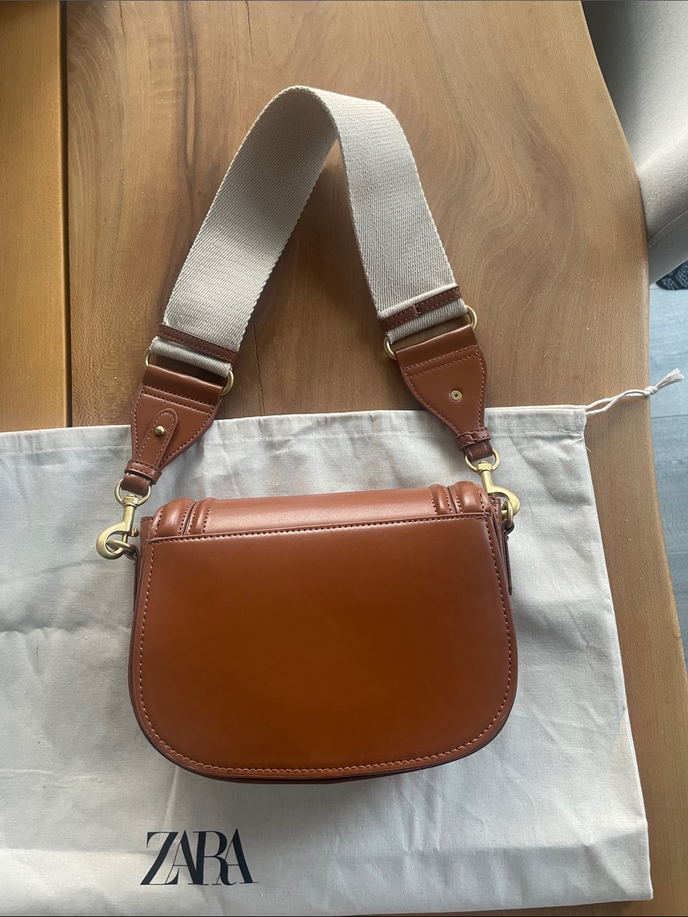 Zara Brown Leather Crossbody Bag with Canvas Strap - Picture 2 of 4